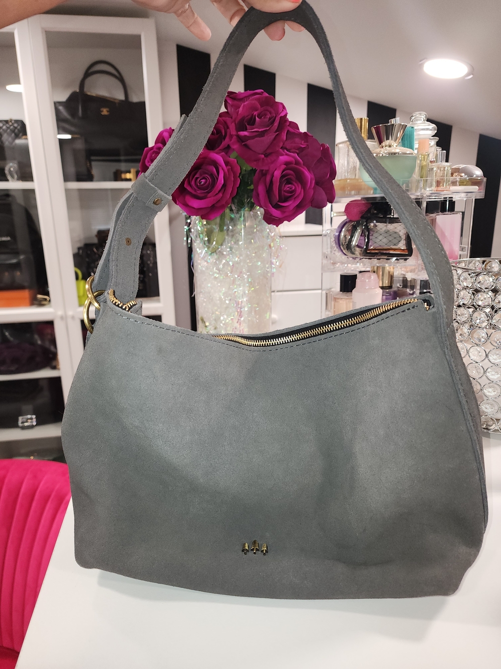 Portland Leather Gray Suede Large Slouchy Shoulder Bag with Gold Hardware